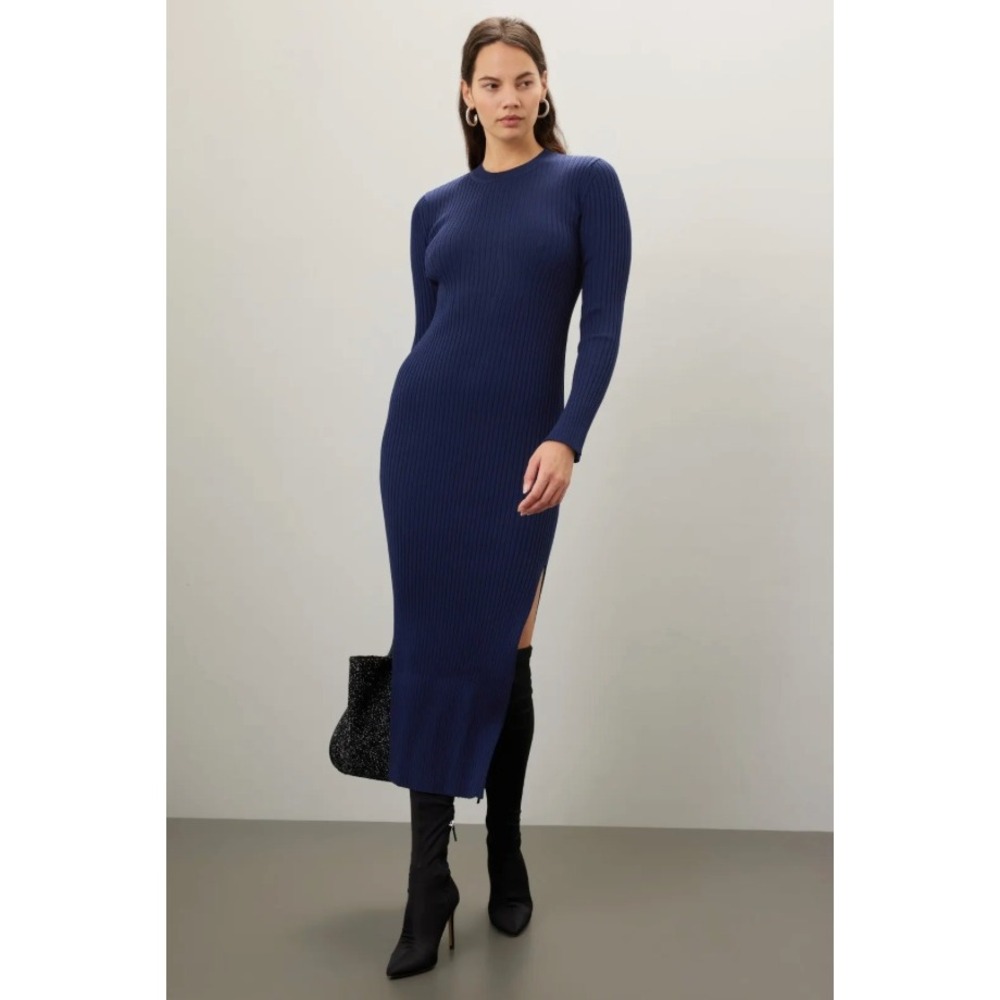 Marina‎ Moscone Midi Crew Neck Sheath Dress Navy Blue Ribbed Long Sleeve Sz L